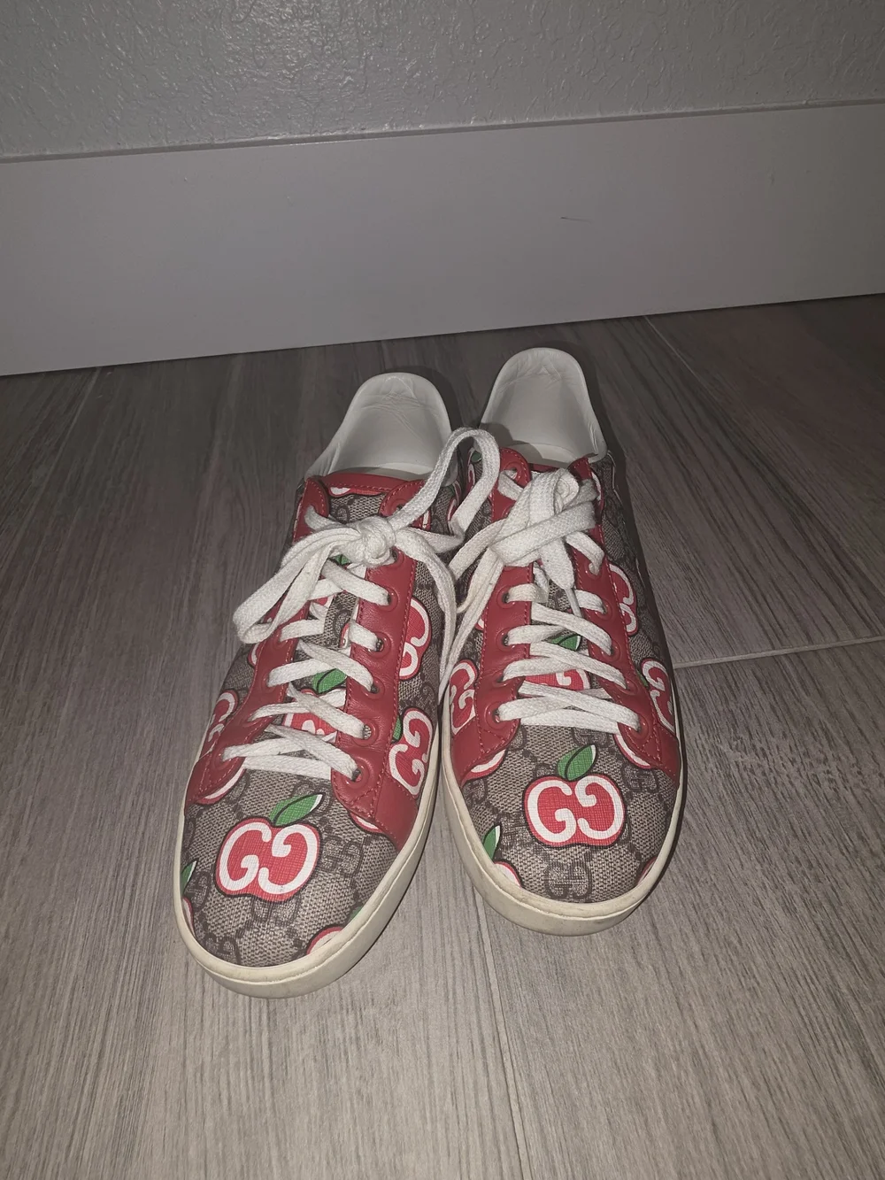 Gucci Brown GG Canvas Sneakers with Red Apple Motif and Green Heel